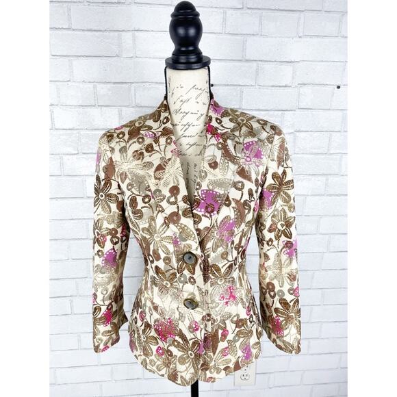 Lafayette 148 NY Floral Jacquard Blazer Brown Cream Pink Luxe Tailored Size 14 - Picture 2 of 11